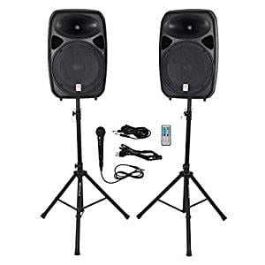 Rockville RPG122K Dual 12-inch Powered Speakers with Stands and Microphone - Black